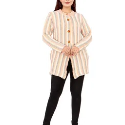WOOL 4U Women Striped Woollen Longline Cardigan-16