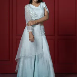 GloballyRonakRBafna Embroidered V-Neck Crop Top & Palazzos With Half Style Jacket Co-Ords-picture-28
