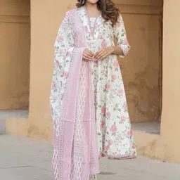 Navlik Floral Printed Thread Work Pure Cotton Anarkali Kurta With Trousers & Dupatta-picture-9