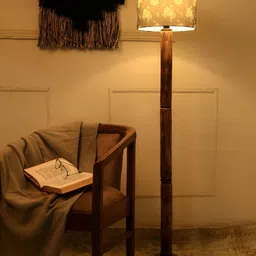 green girgit Brown & White Floral Printed Wooden Frustum Shaped Drum Floor Lamp-20