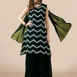 PARROT CREATION Chevron Embroidered Georgette A-Line Kurti With Sharara And Dupatta-image-8