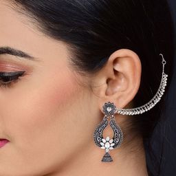 DIVASTRI Rhodium-Plated Artificial Stones Studded And Beaded Contemporary Drop Earrings-17