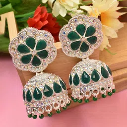 MEIRA JEWELLERY Silver-Plated Artificial Stones Studded & Beaded Dome Shaped Jhumkas-picture-23