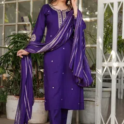 HERE&NOW Women Ethnic Motifs Embroidered Regular Kurta with Trousers & With Dupatta-picture-19