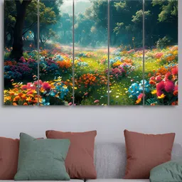 RANDOM Blue & Green 5 Piece Synthetic Wood Floral and Botanical Wall Paintings-58