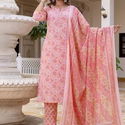 Kohsh Floral Printed Notch Neck Pure Cotton Kurta With Trousers & Dupatta-image-32