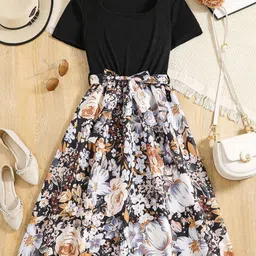 White World Girls Floral Printed Fit And Flare Knee Length Dress with Belt-image-31