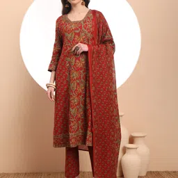Yufta Women Floral Printed Regular Thread Work Pure Cotton Kurta with Trousers & With Dupatta-image-35