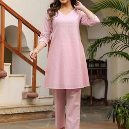Janasya Women's Light Pink Dobby Pure Cotton Self Design V-Neck A-line Co-ord Set-picture-47