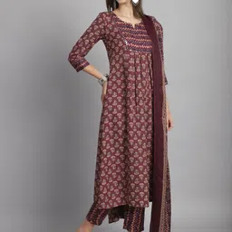 KALINI Notched Neck Mirror Work Floral Printed A Line Kurti with Trouser & Dupatta image 5