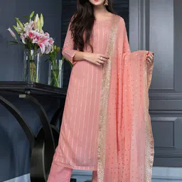Label Shaurya Sanadhya Striped Chanderi Silk Sequined Kurta with Trousers & With Dupatta image 3