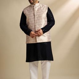 SOJANYA PLUS Men Plus Size Embroidered Cotton Kurta with Pyjama & Nehru Jacket-image-21