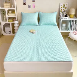 JC HOME Blue & White Geometric Textured 160 TC Queen Fitted Bedsheet With 2 Pillow Covers-image-41