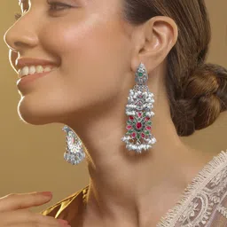 Rubans Silver-Plated Classic Oxidised Emerald Drop Earrings-2
