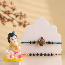 Floweraura Set Of 2 Beaded Peacock Rakhi with Lord Krishna Idol & Roli Rice-45