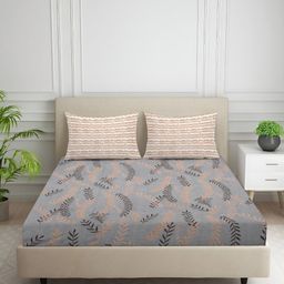 Nivasam Grey & Brown Floral Printed Cotton 400 TC Fitted King Bedsheet Set 1.98 m x 1.82 m-image-91