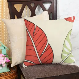IVAZA Peach-Coloured & Red Set of 2 Floral Square Cushion Covers-1