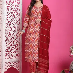 Rajnandini Ethnic Motifs Printed V Neck Straight Kurta With Trousers & With Dupatta-image-13