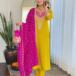 KALINI Ethnic Motifs Embroidered Notch Neck Thread Work Kurta With Trousers And Dupatta-0
