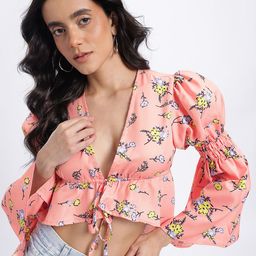 glitchez Floral Print Front Tie-Up Crop Top-image-40
