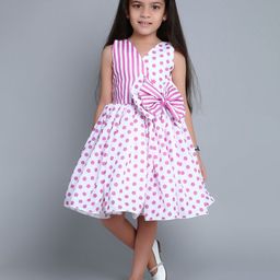 Pink Chick Girls Polka Dot Printed V-Neck Cotton Fit & Flare Dress With Matching Clip-picture-56