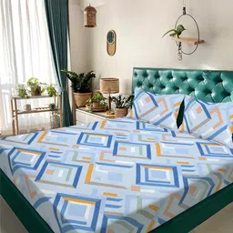 KLOTTHE Blue & White Geometric 300 TC King Bedsheet with 2 Pillow Covers-image-36