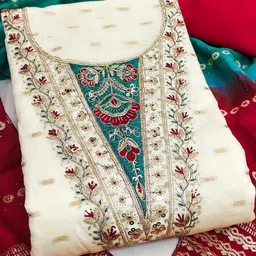 KALINI White Modal Cotton Butti With Coding Work Unstitched Dress Material image 3