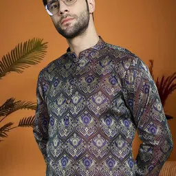 Jompers Ethnic Motifs Woven Design Mandarin Collar Jacquard Straight Kurta-picture-43