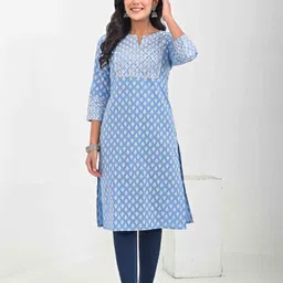 KASHISHIYA Floral Printed Gotta Patti Work Notch Neck Pure Cotton Straight Kurta-35