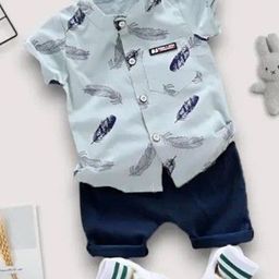 GLAM ELEGANCE Kids Printed Band Collar Shirt With Shorts-image-92