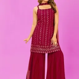 PARROT CREATION Embroidered Straight Sequinned Georgette Kurti With Sharara And Dupatta-34