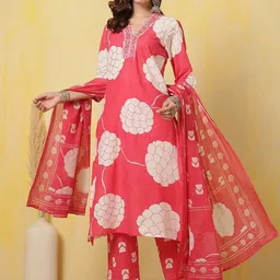 Anouk Floral Printed V-Neck Pure Cotton Thread Work Straight Kurta With Trousers & Dupatta-image-87