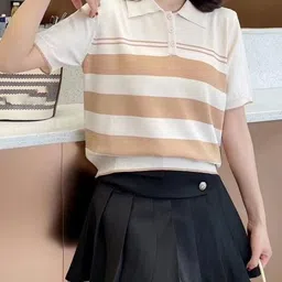KPOP Women Shirt Collar Short Sleeves Horizontal Stripes Top-image-46