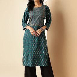 SZN Women Teal Floral Printed Keyhole Neck Floral Kurta-picture-21