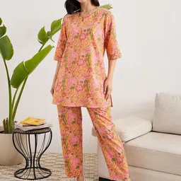 July Essentials Women Floral Printed Pure Cotton Kurti & Pyjamas Night suit-picture-34