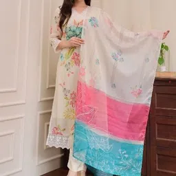 KALINI Women Floral Printed Regular Sequinned Kurta with Trousers & With Dupatta-4