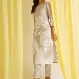 KALINI Floral Printed Round Neck Straight Kurta With Trousers-picture-50