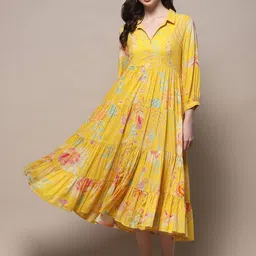 Moda Rapido Ethnic Motifs Print Shirt Collar Cuffed Sleeves Tiered Shirt Midi Dress-picture-7