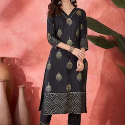 Sangria Ethnic Motifs Foli Printed V-Neck Chanderi Silk Straight Kurta With Trousers-50