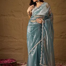 House of Pataudi Lace Embellished Fancy Border Saree With Unstitched Blouse-image-93