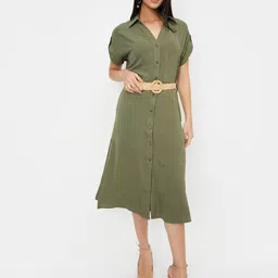 max Women Shirt Collar Roll-Up Sleeves Shirt Midi Dress Comes with a belt-picture-42