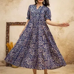 PRESHA Women Ethnic Motifs Print Puff Sleeve Cotton Fit & Flare Midi Dress-picture-37