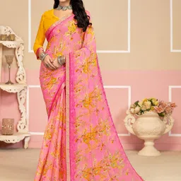 DIVASTRI Floral Printed Saree With Attached Border And Contrast Blouse Piece-image-85