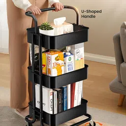 KriShyam Black Metal 3-Tier Mesh Rolling Utility Cart With Lockable Wheels image 4
