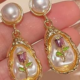 Estailo fashion Pearls Studded Teardrop Shaped Drop Earrings-image-4