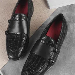 DAVINCHI Men Textured Leather Slip-On Monk Shoes-image-73