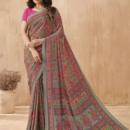 Mitera Floral Poly Crepe Bagru Saree-image-45