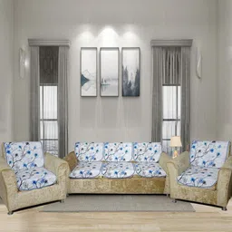 Aura White & Blue 6 Pieces Floral Printed 5 Seater Sofa Covers-image-22