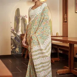 DIVASTRI Floral Ajrakh Printed Ready To Wear Mulmul Cotton Block Print Saree-3