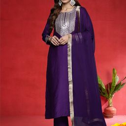 Varanga Floral Yoke Design Chanderi Silk Zari Straight Kurta With Trousers & Dupatta-picture-2